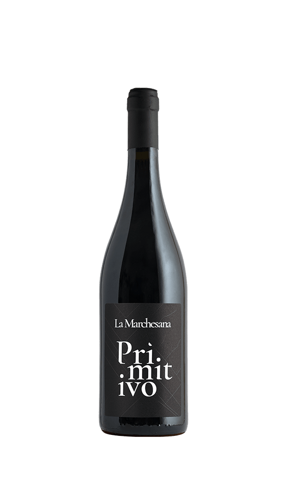 La Marchesana Primitivo, elegante Weinflasche vor schwarzem Hintergrund