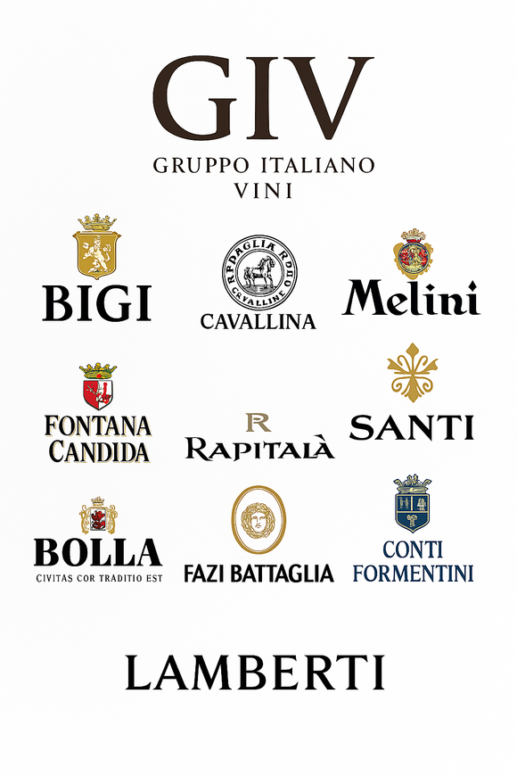 Collage mit Logos der Cantinen der Gruppo Italiano Vini – darunter Bigi, Melini, Santi, Fontana Candida, Rapitalà, Fazi Battaglia, Bolla, Lamberti, Cavallina und Conti Formentini