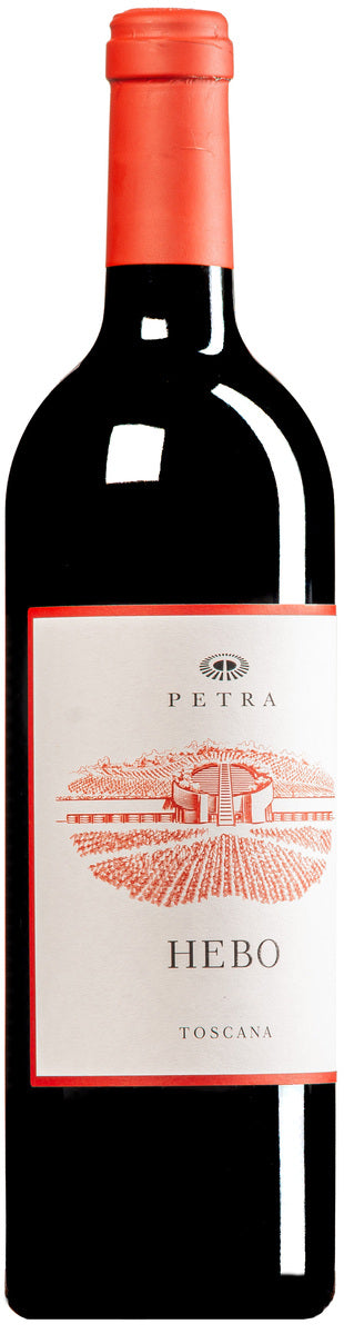 Flasche Petra Hebo Rosso Toscana IGT vor weißem Hintergrund – Rotwein aus der Maremma mit Merlot, Cabernet & Sangiovese