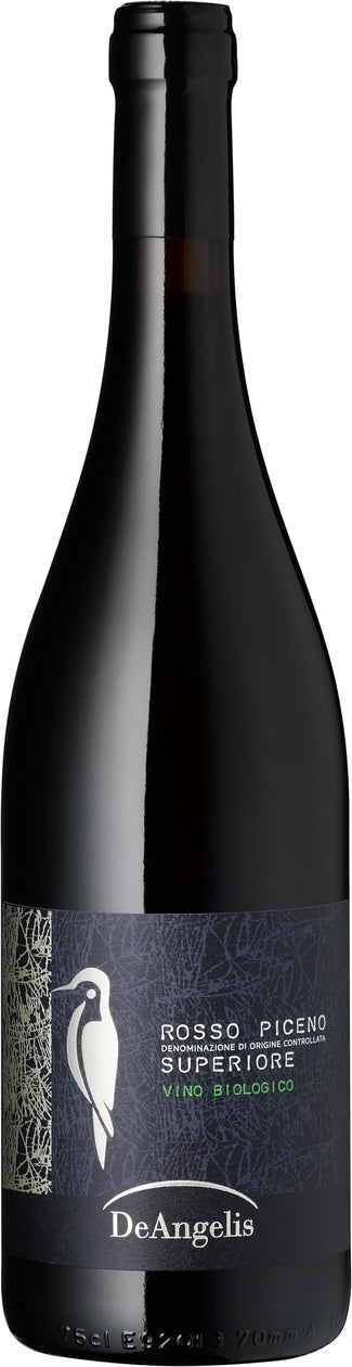 Flasche Rosso Piceno Superiore DOC Bio von Tenuta de Angelis vor weißem Hintergrund